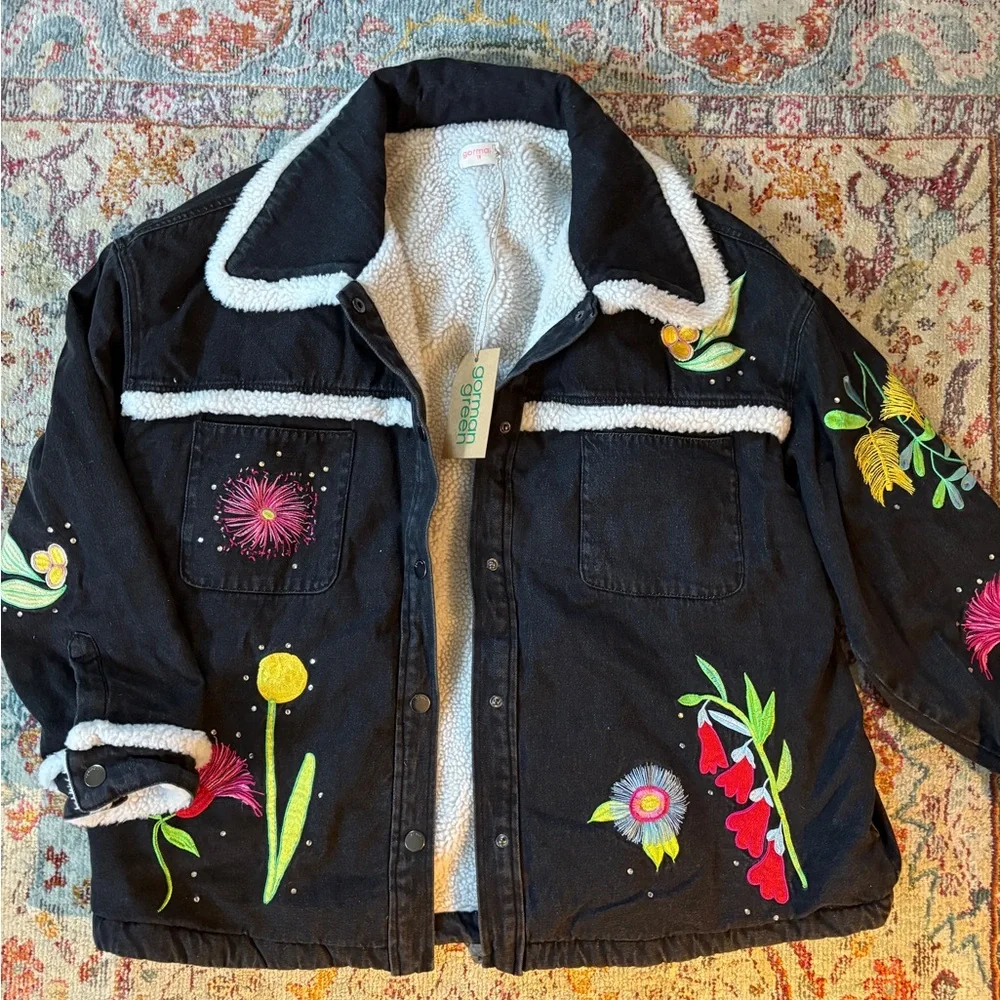 Gorman Black Denim Sherpa Lined Jacket with Floral Embroidery - Picture 4 of 7
